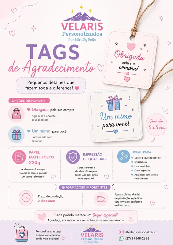 Tags de Agradecimento — “Obrigada pela sua compra” / “Um mimo para você”